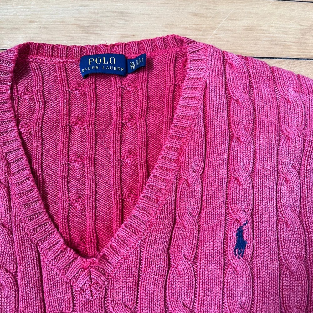 Polo Ralph Lauren Pink Cable Knit V-Neck Sweater Womens XL Cotton Navy Pony Logo